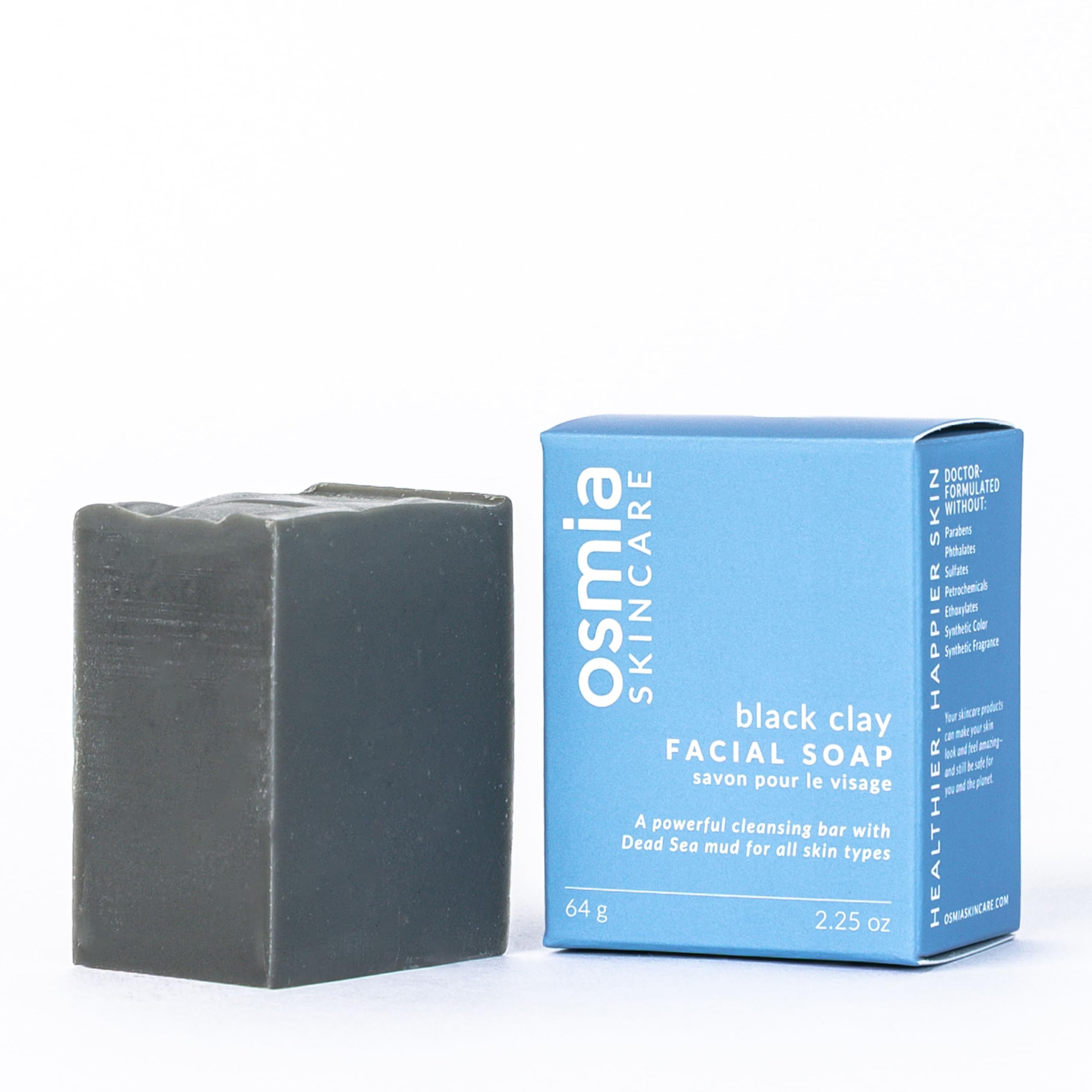 Osmia Natural Black Clay Facial Soap Bar showing rich lather for balanced skin.