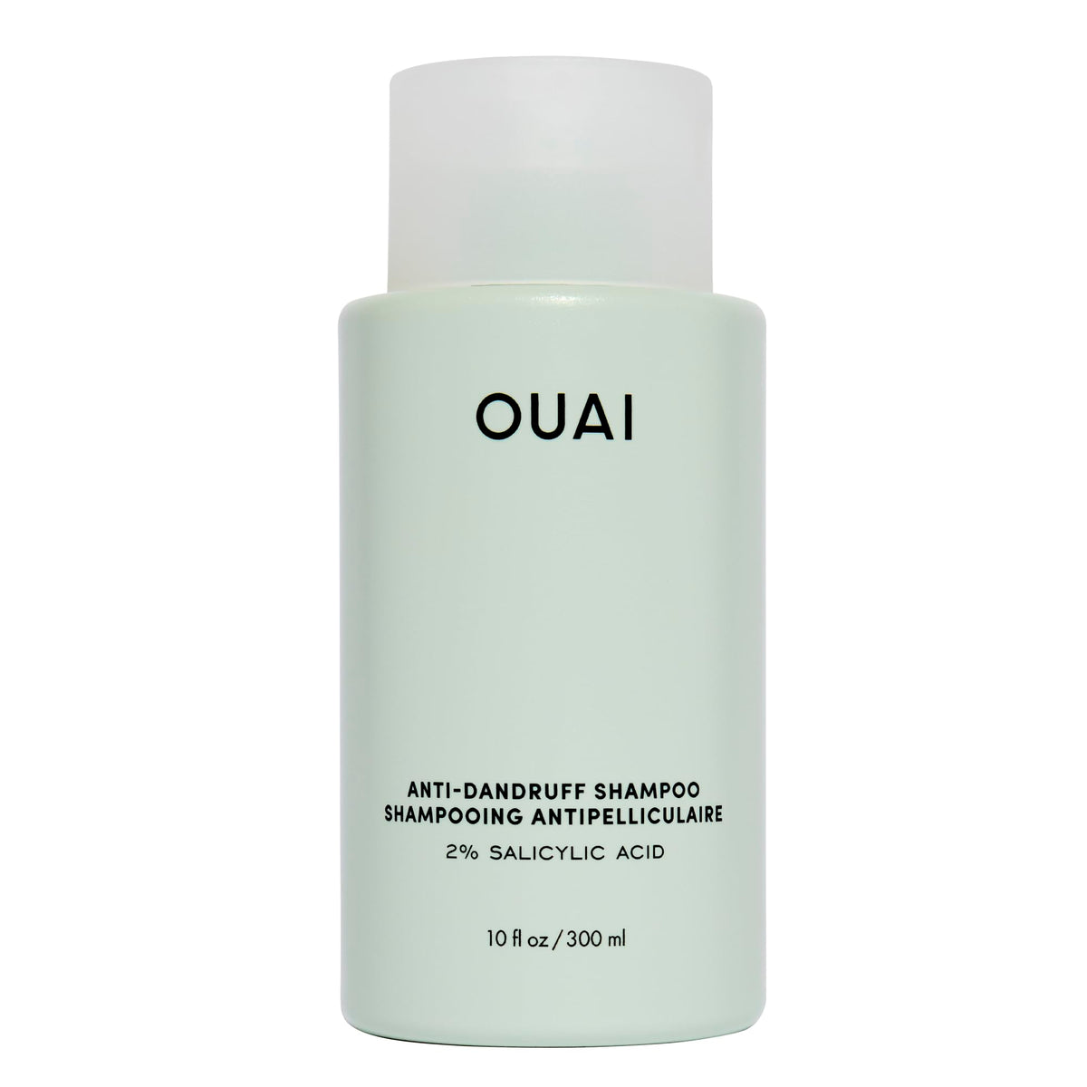 OUAI anti-dandruff shampoo bottle front highlights sulfate-free formula for a calmer scalp.