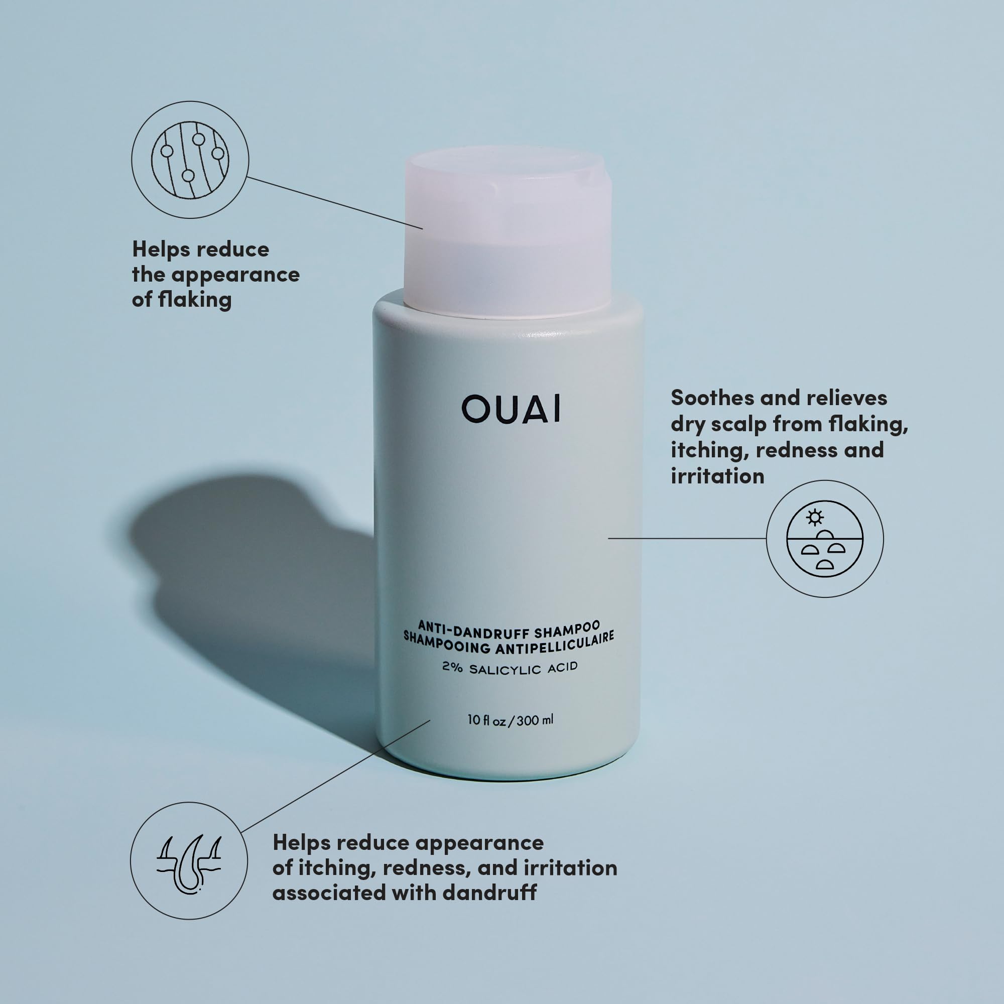 OUAI shampoo label closeup highlights ingredients and sulfate-free claim.