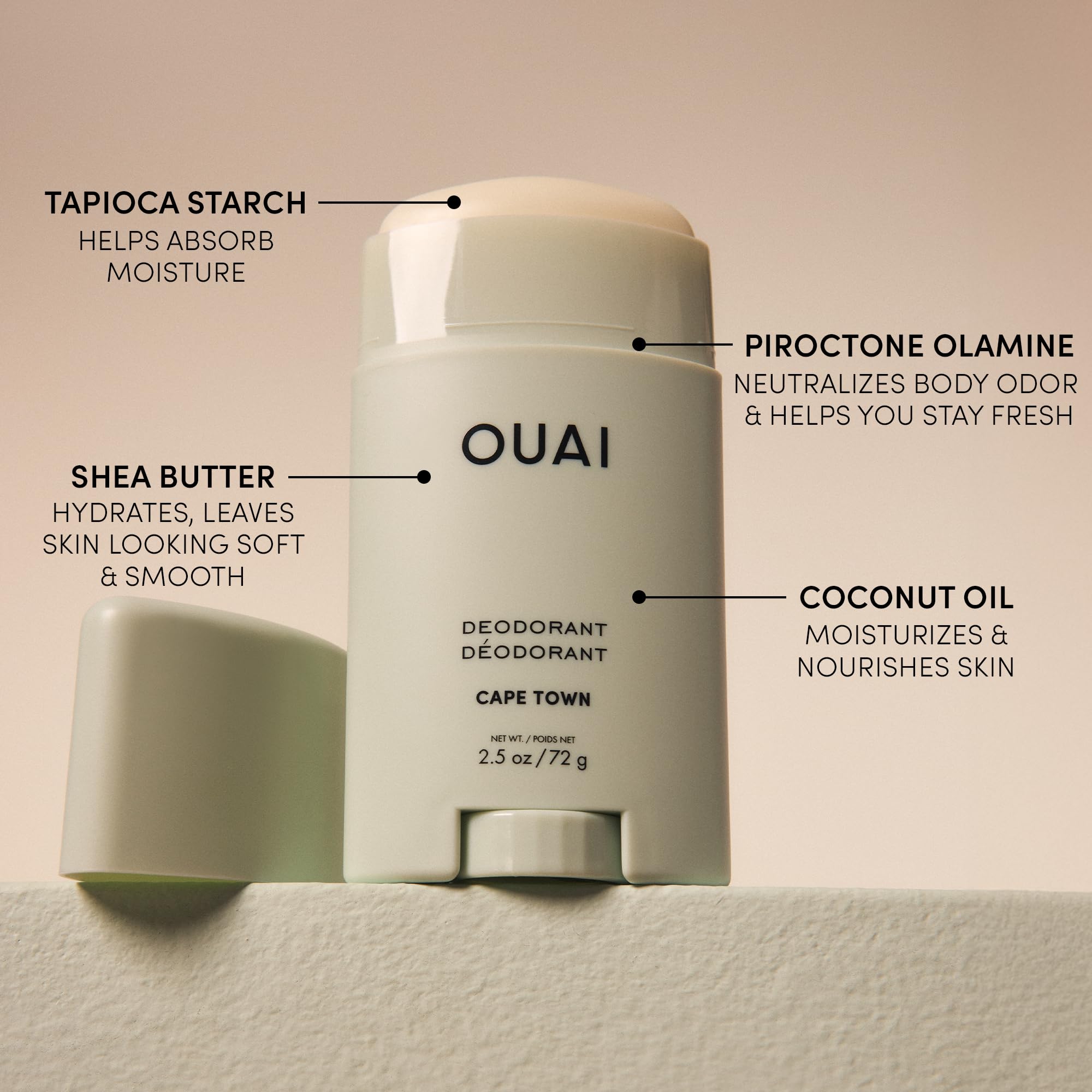 Front view of the 2.5 oz OUAI deodorant bottle.