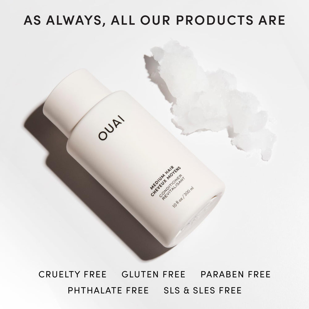 OUAI bottle in routine use illustrates detangled, shiny ends