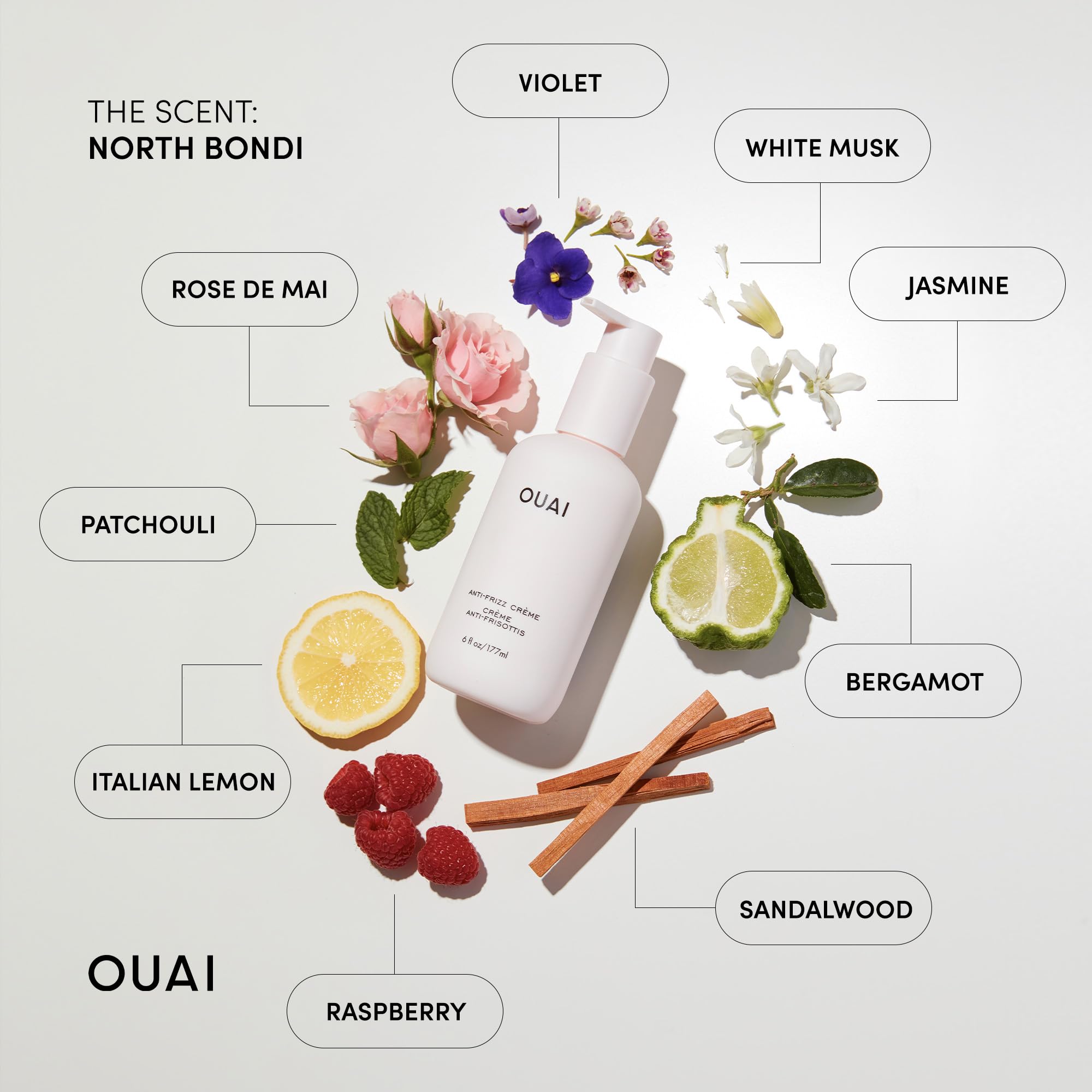 OUAI crema anti-frizz con extracto de remolacha para brillo y nutrición ligera.