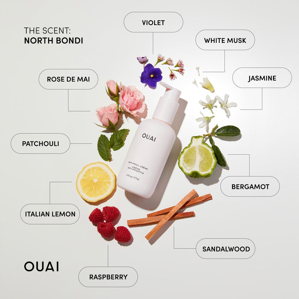 OUAI crema anti-frizz con extracto de remolacha para brillo y nutrición ligera.
