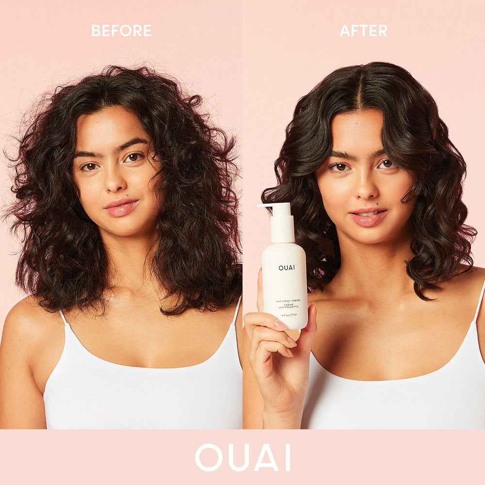OUAI crema anti-frizz con protección térmica hasta 450f para peinados duraderos.