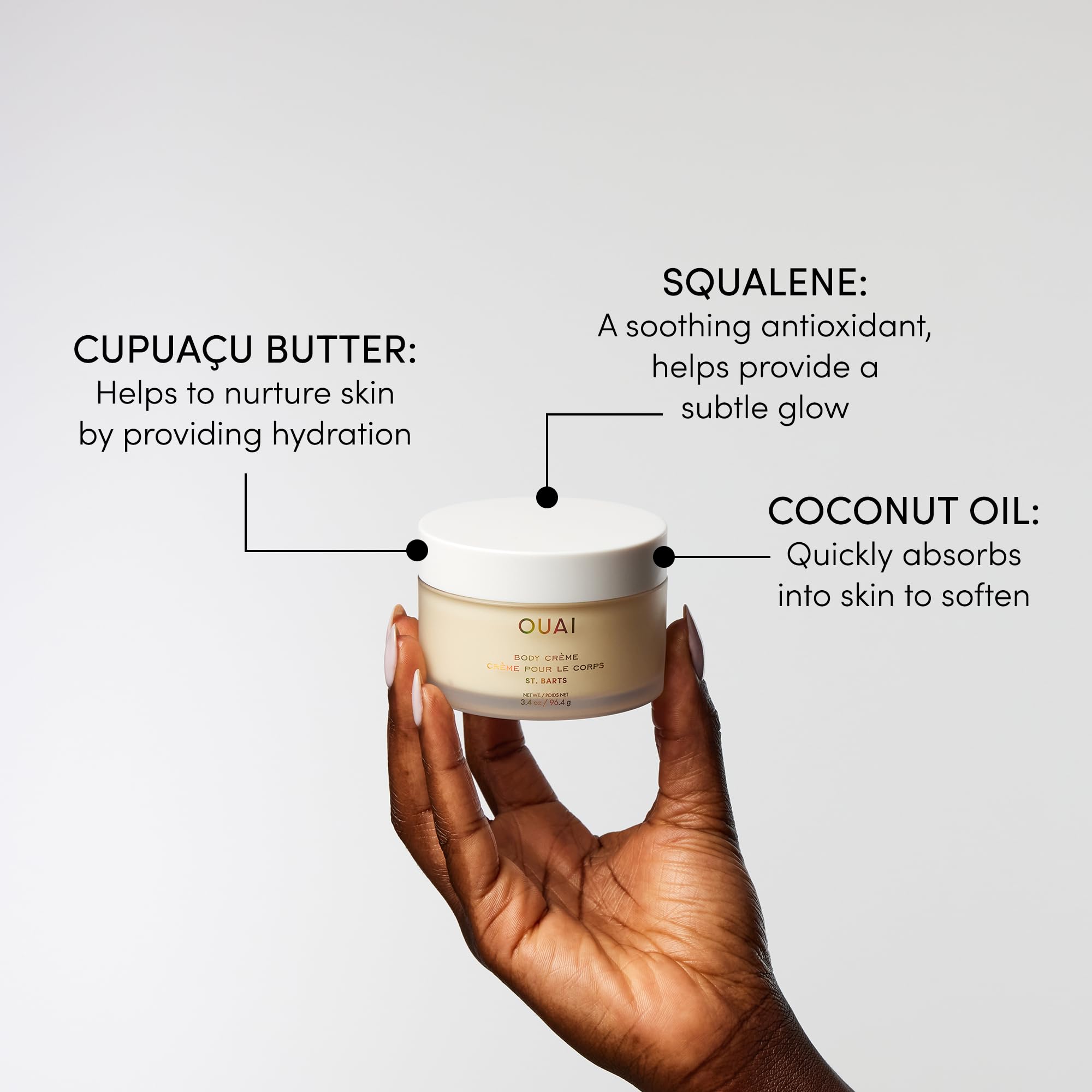 OUAI con manteca cupuaçu para piel suave y nutrida.