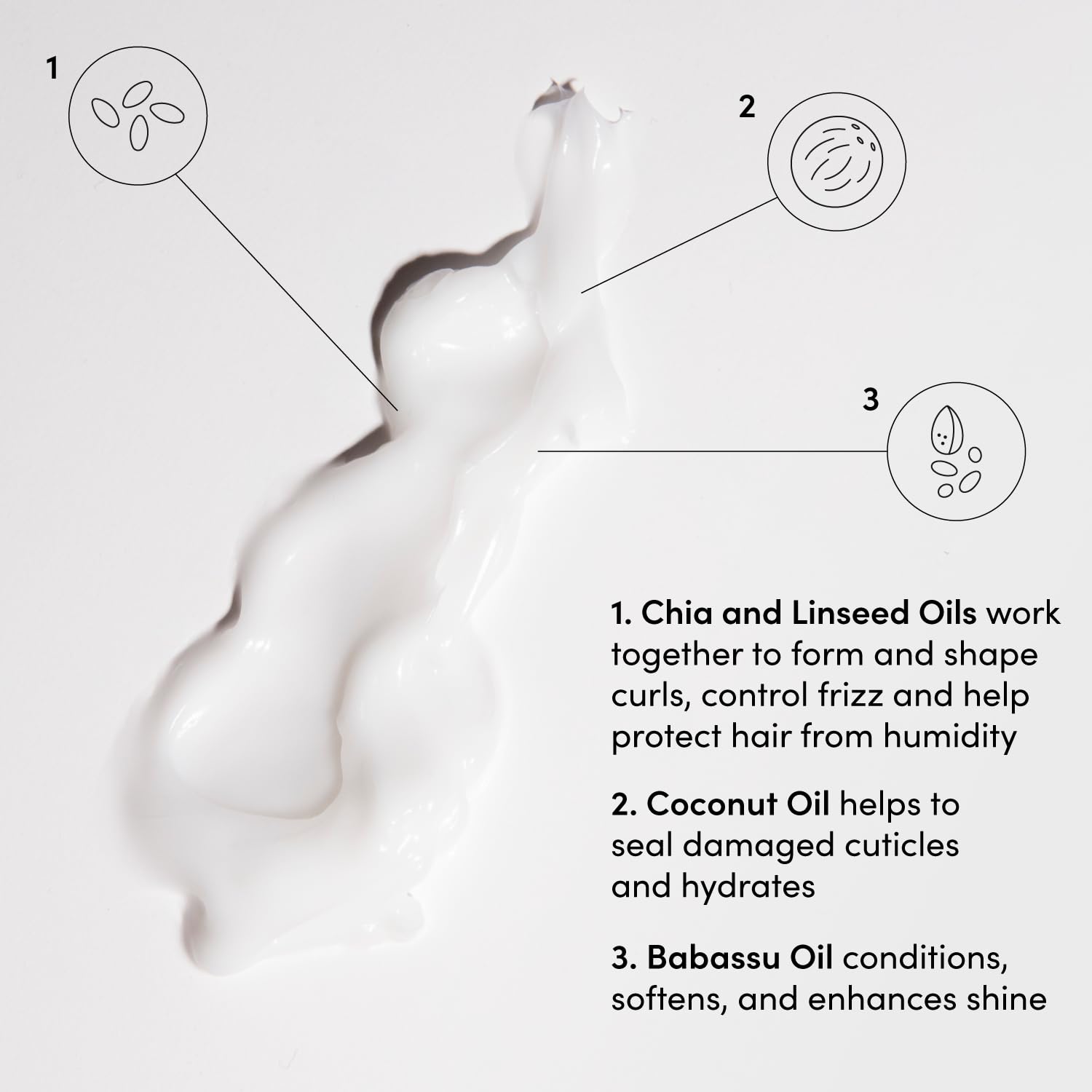 Humidity-ready formula using chia and linseed oils for curl hold.