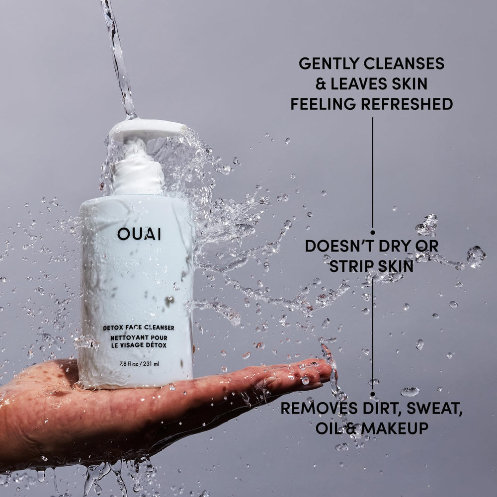 OUAI Detox Facial Cleanser bottle back emphasizes gentle cleansing and ingredients