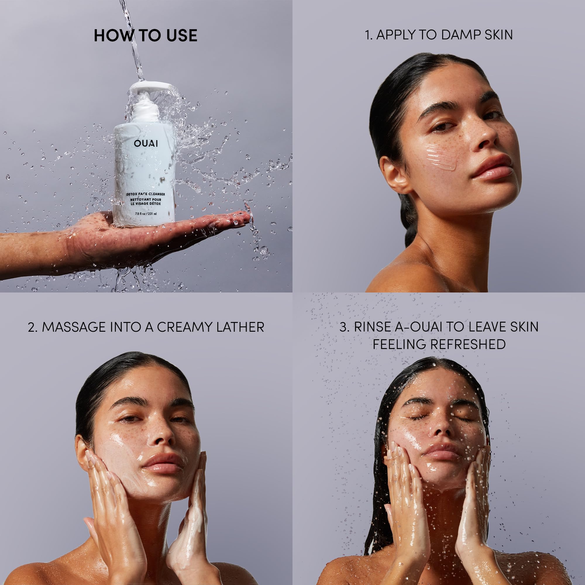 OUAI Detox Facial Cleanser niacinamide closeup indicates balanced hydration benefits