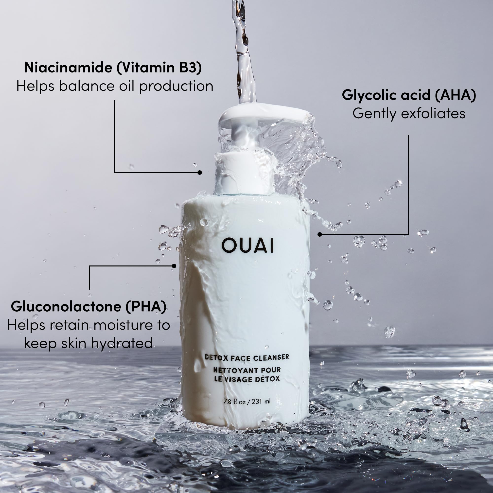 OUAI Detox Facial Cleanser pha exfoliation closeup demonstrates mild skin renewal