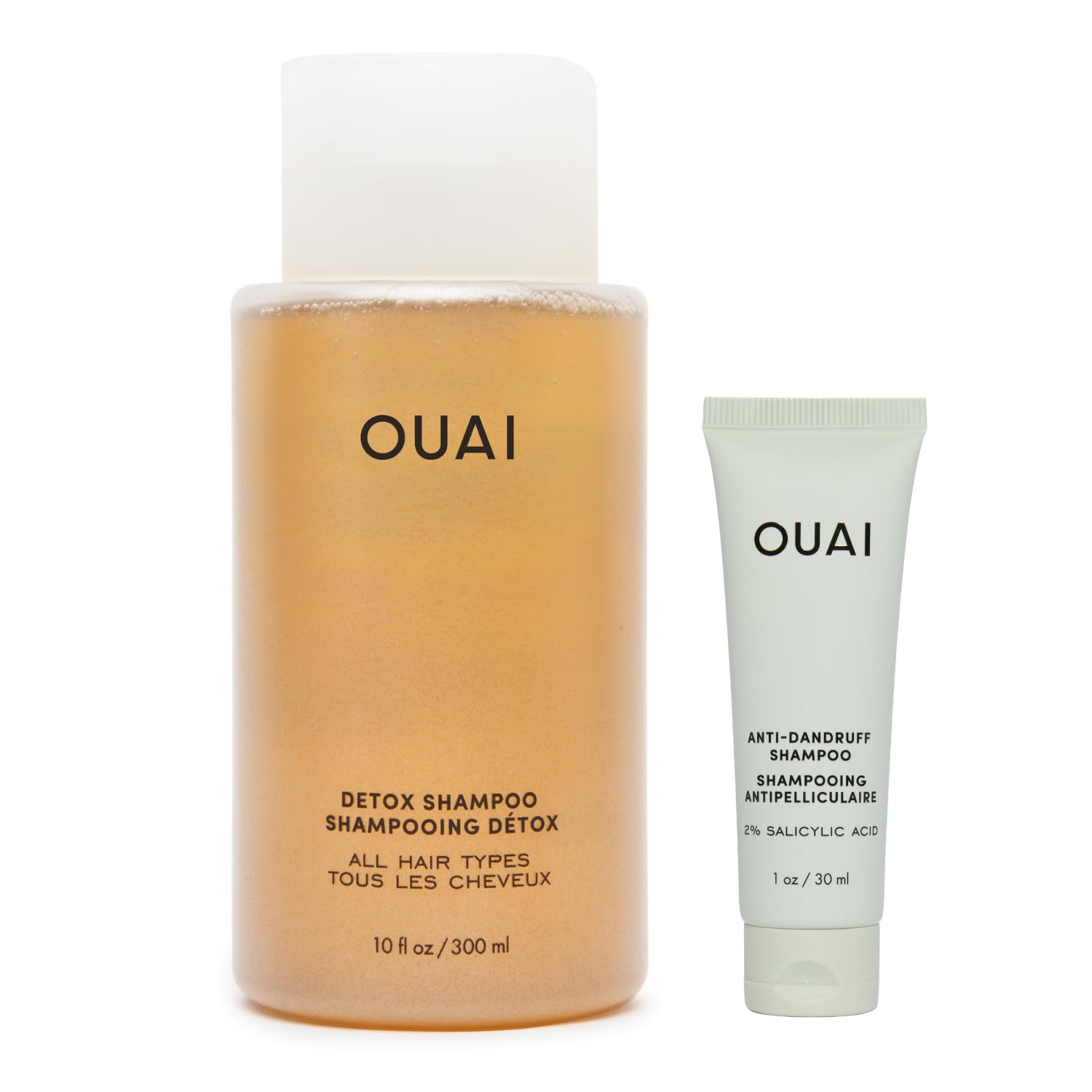 OUAI Detox Shampoo bottle close-up showing clarifying action for clean, buildup-free hair