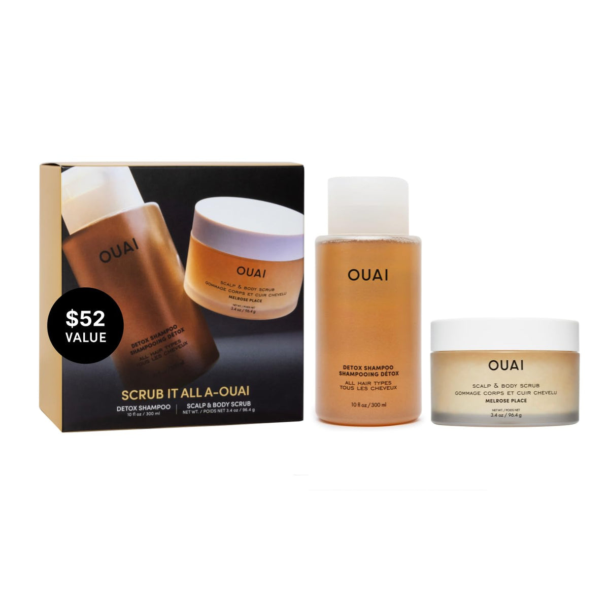 OUAI detox shampoo bottle for deep scalp cleansing and color-safe shine.