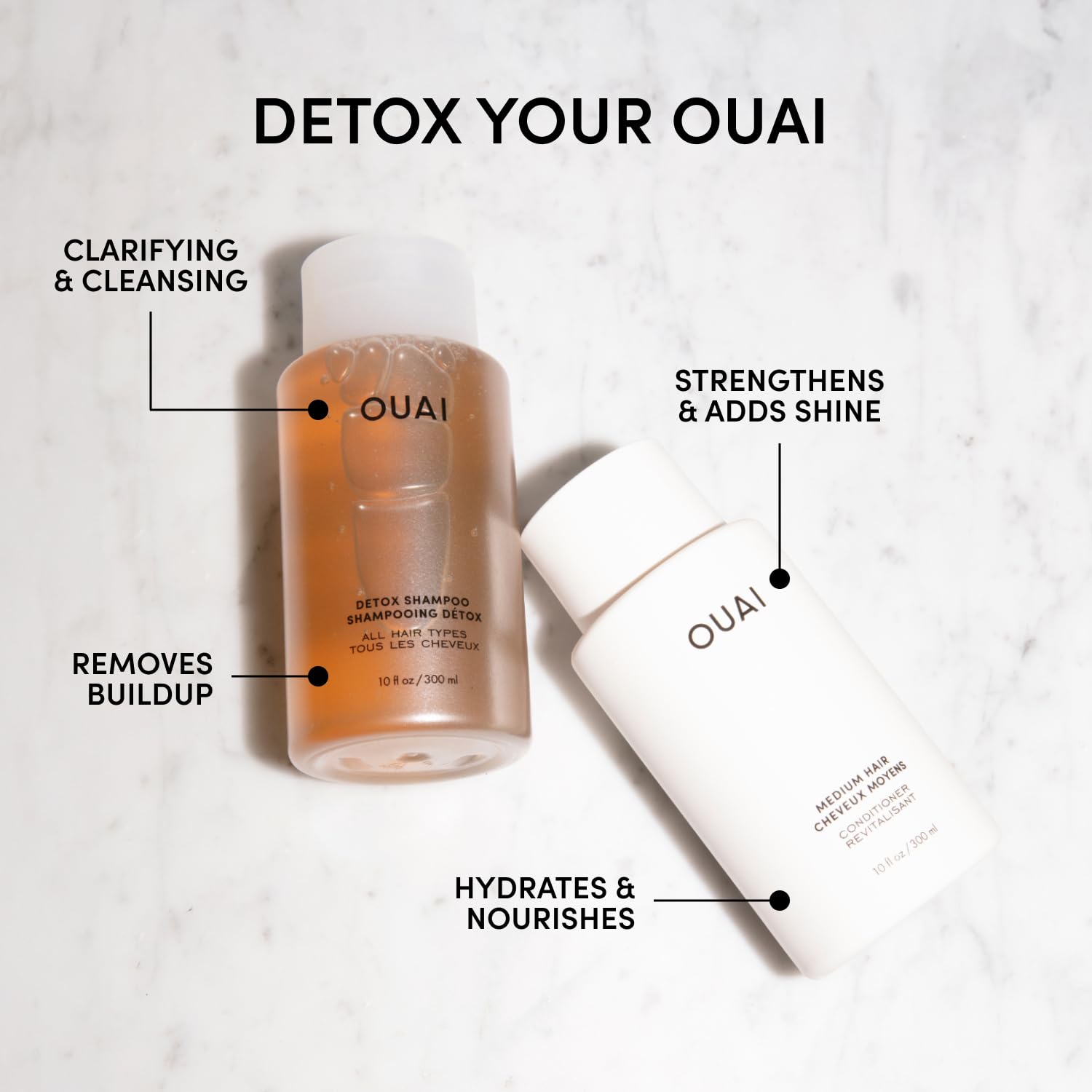 OUAI Detox Shampoo luxuriously foaming close-up showing cleansing action