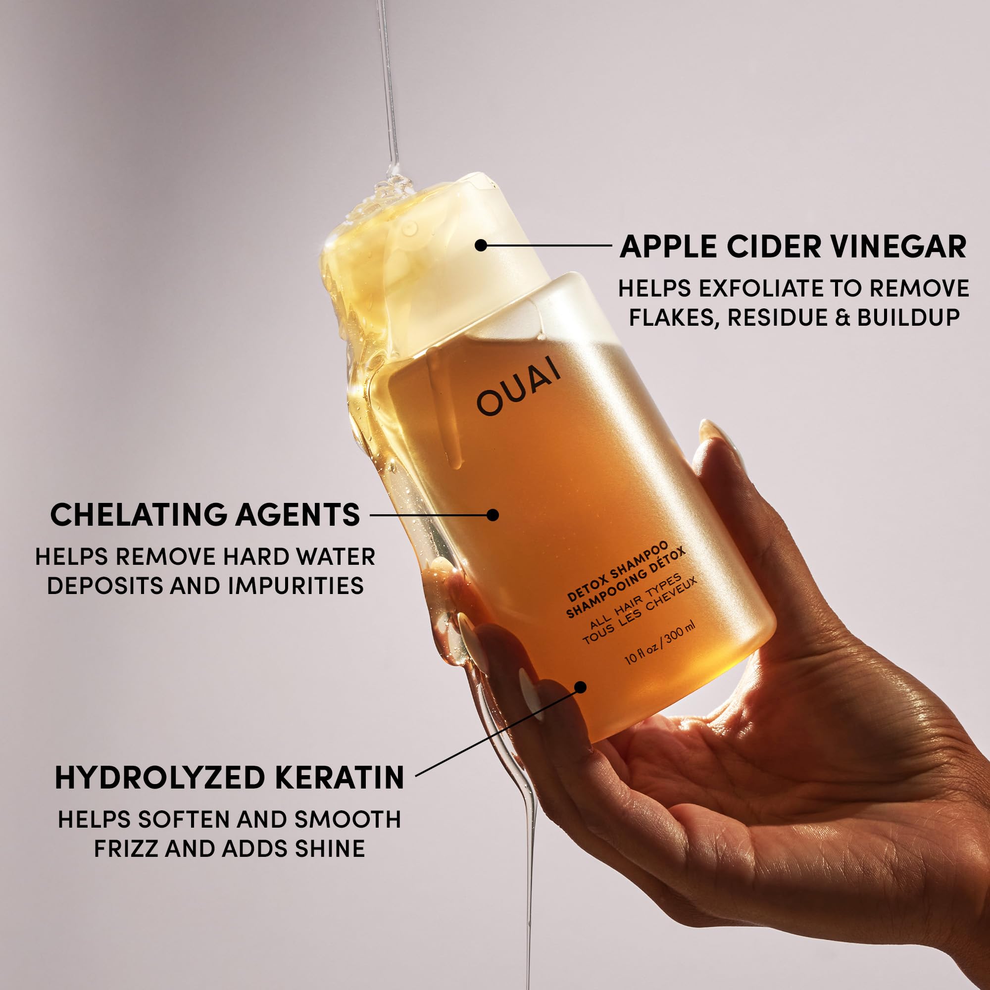 OUAI Detox Shampoo post-use shine revives hair with a fresh, clean texture