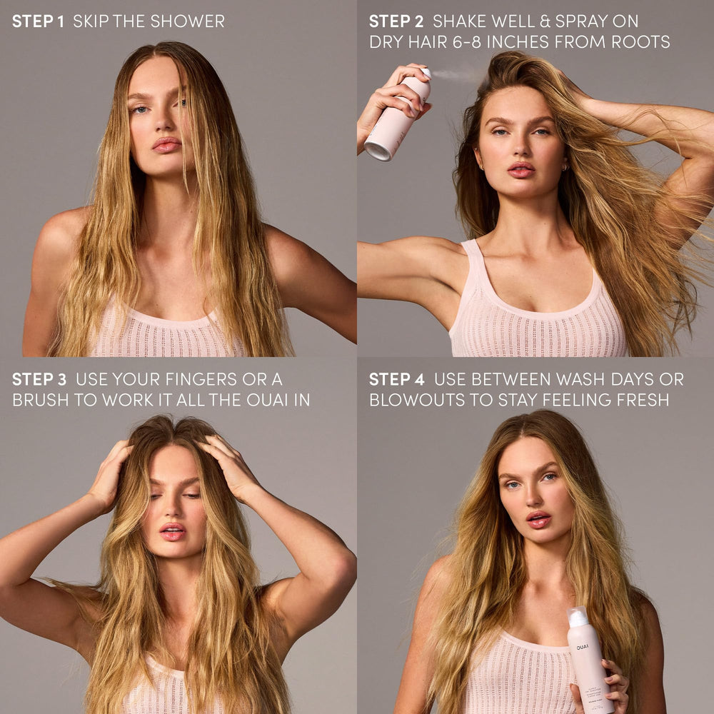 OUAI Dry Shampoo on the go usage for a busy morning routine.