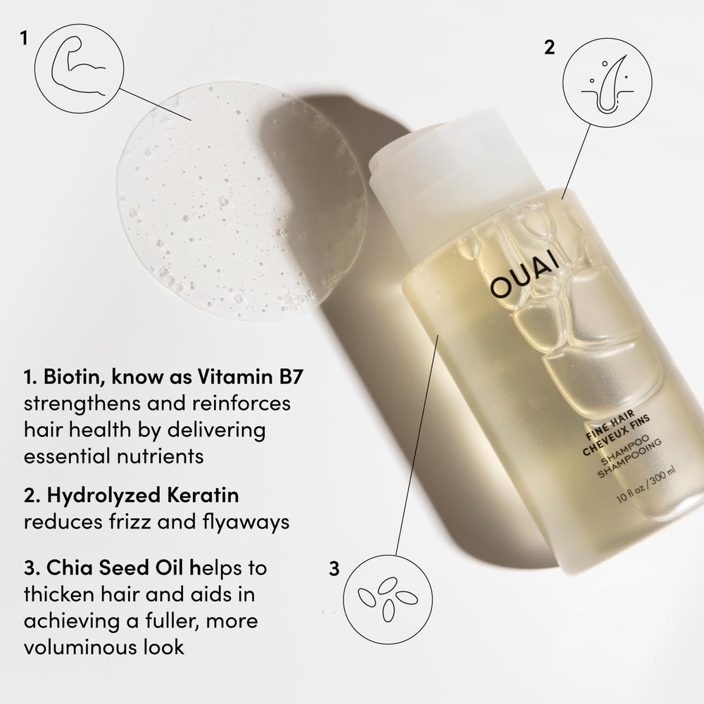 OUAI Fine Conditioner bottle close-up emphasizing lightweight hydration for fine hair