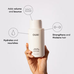 OUAI Fine Conditioner texture demonstrating smoothing and detangling benefits