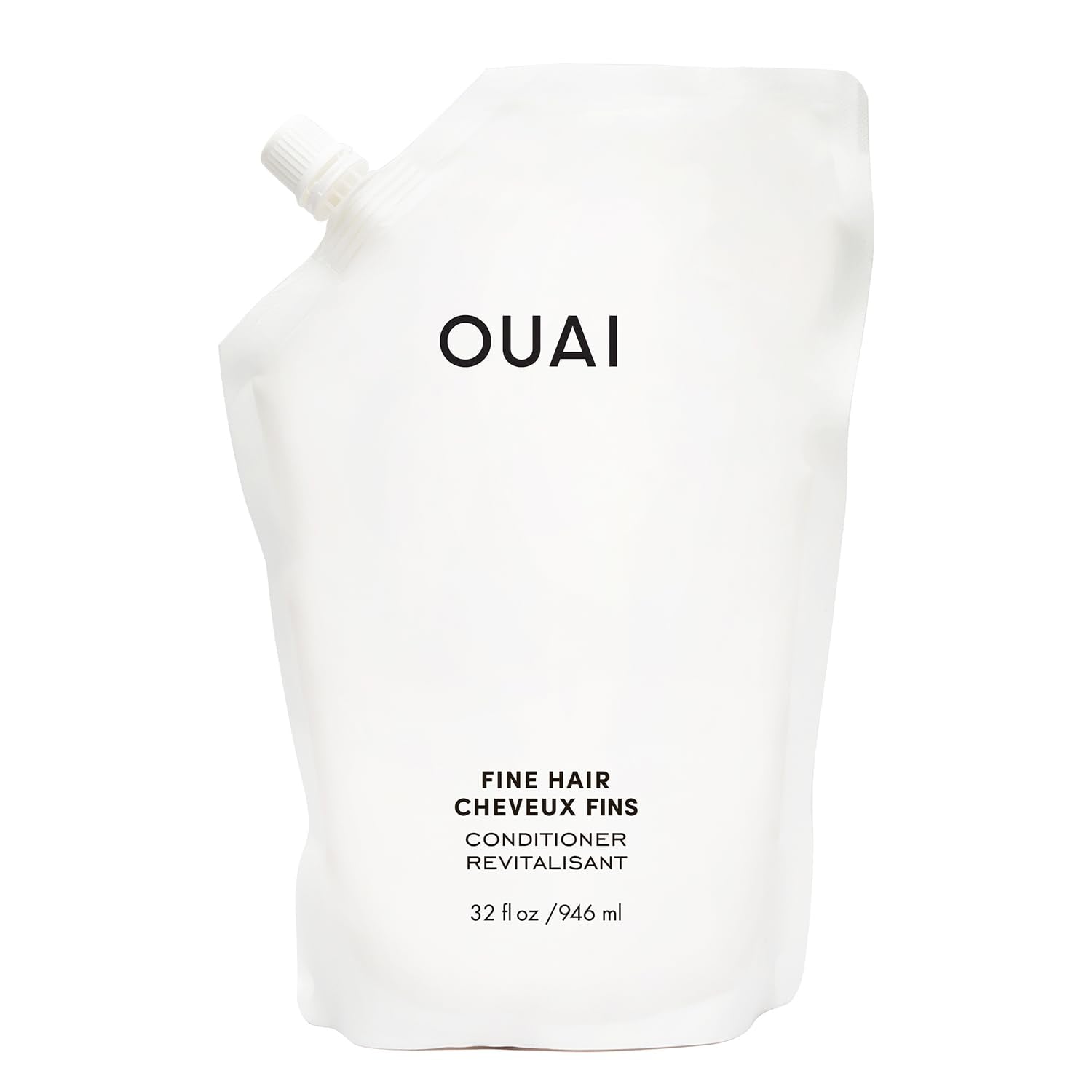 OUAI Fine Hair Conditioner refill bottle close-up showing sleek packaging for voluminous hair.