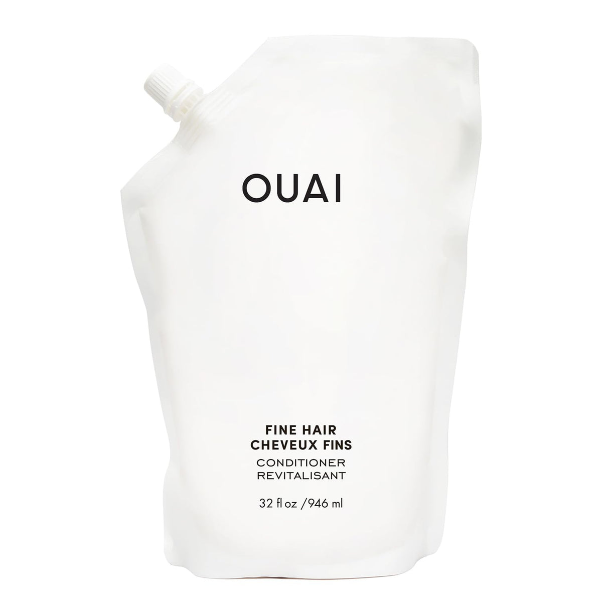 OUAI Fine Hair Conditioner refill bottle close-up showing sleek packaging for voluminous hair.