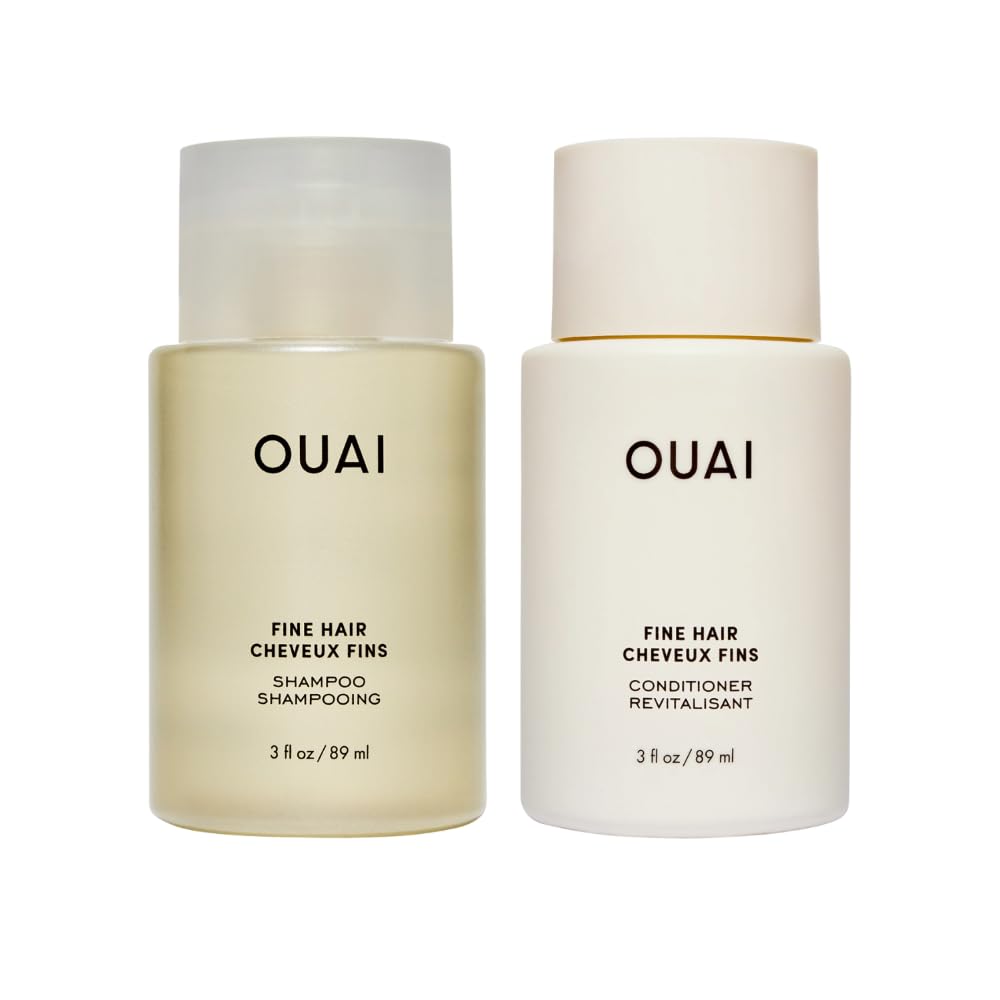 OUAI Fine Hair Shampoo bottle shows travel-size convenience and volumizing power