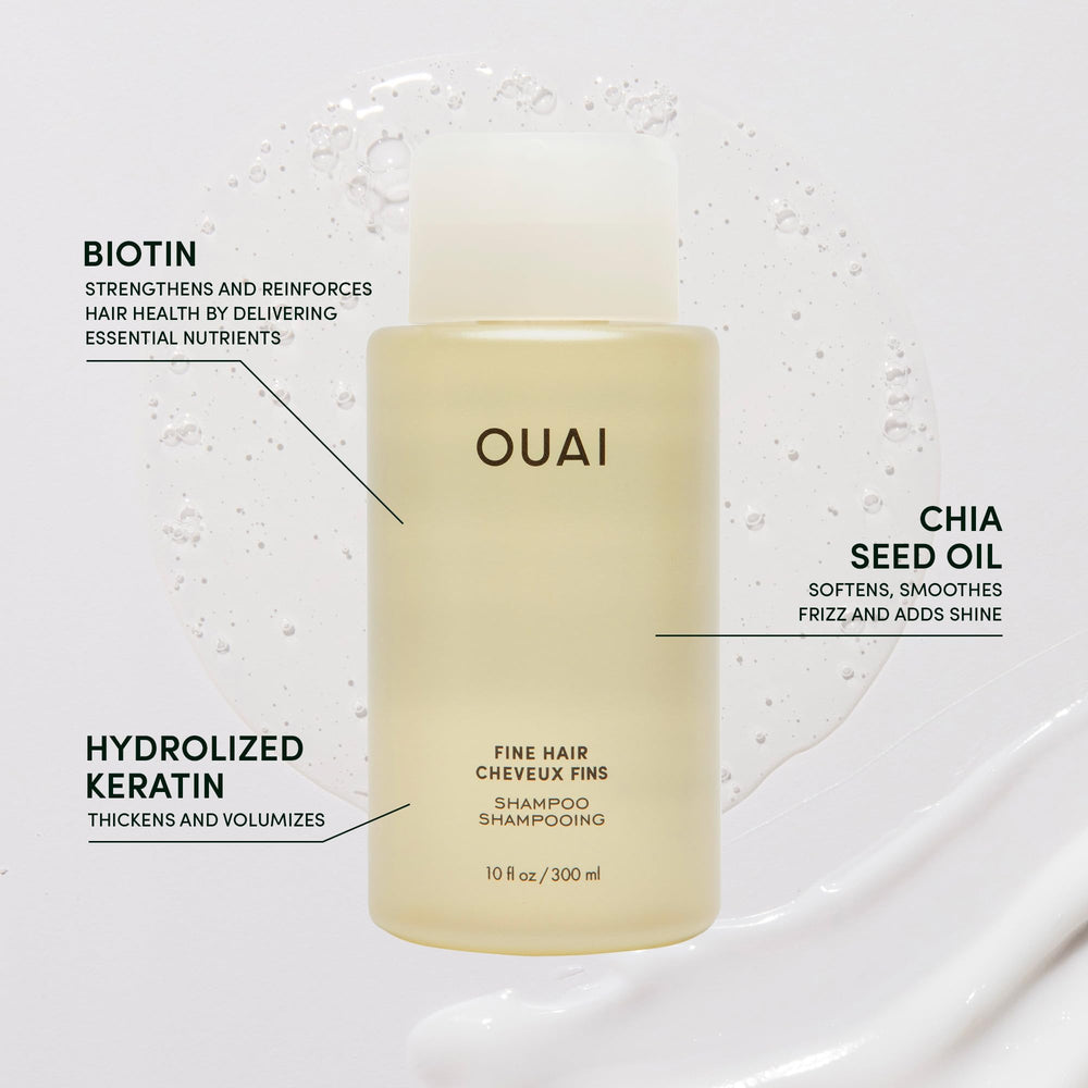 OUAI Fine Shampoo con keratina, biotina y chía para fortalecimiento suave.