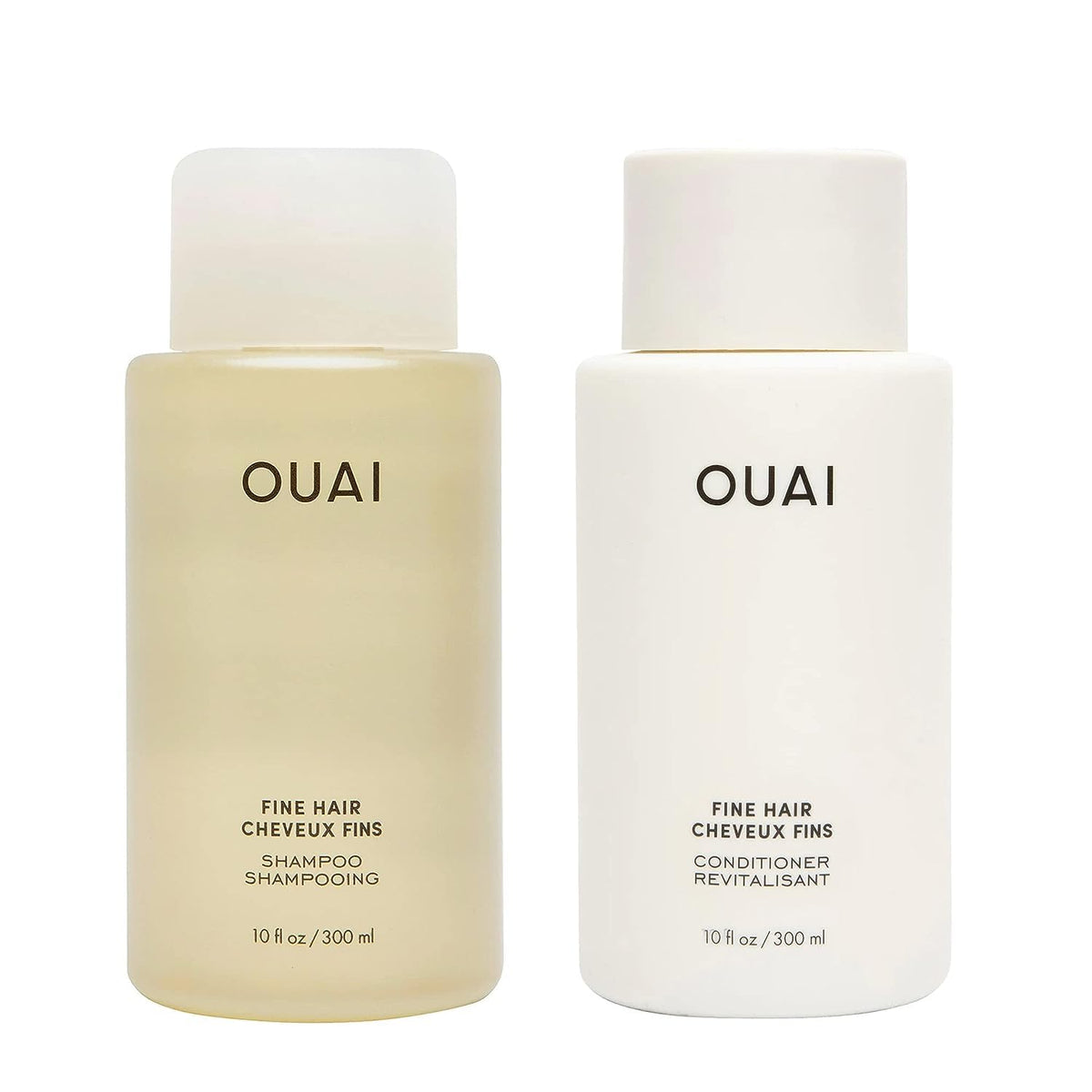 OUAI Fine Shampoo bottle on sink showing lightweight cleansing for fine hair