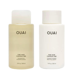 OUAI Fine Shampoo bottle on sink showing lightweight cleansing for fine hair