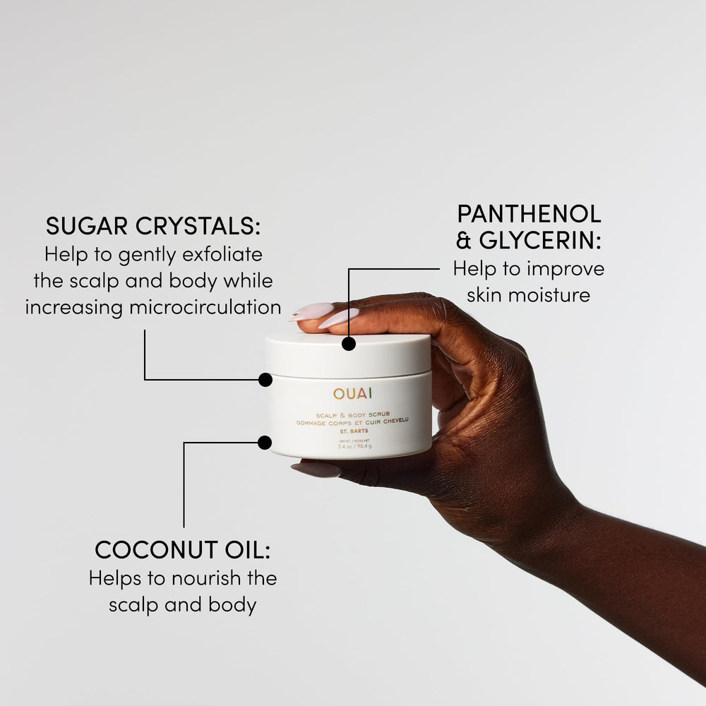 OUAI foamy exfoliator lather in shower for gentle buildup removal.