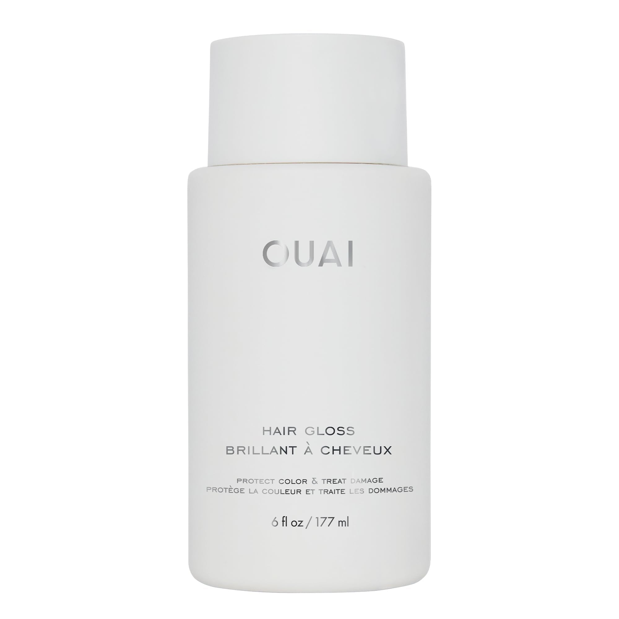 OUAI Hair Gloss bottle in shower showing shine enhancement for glossy hair