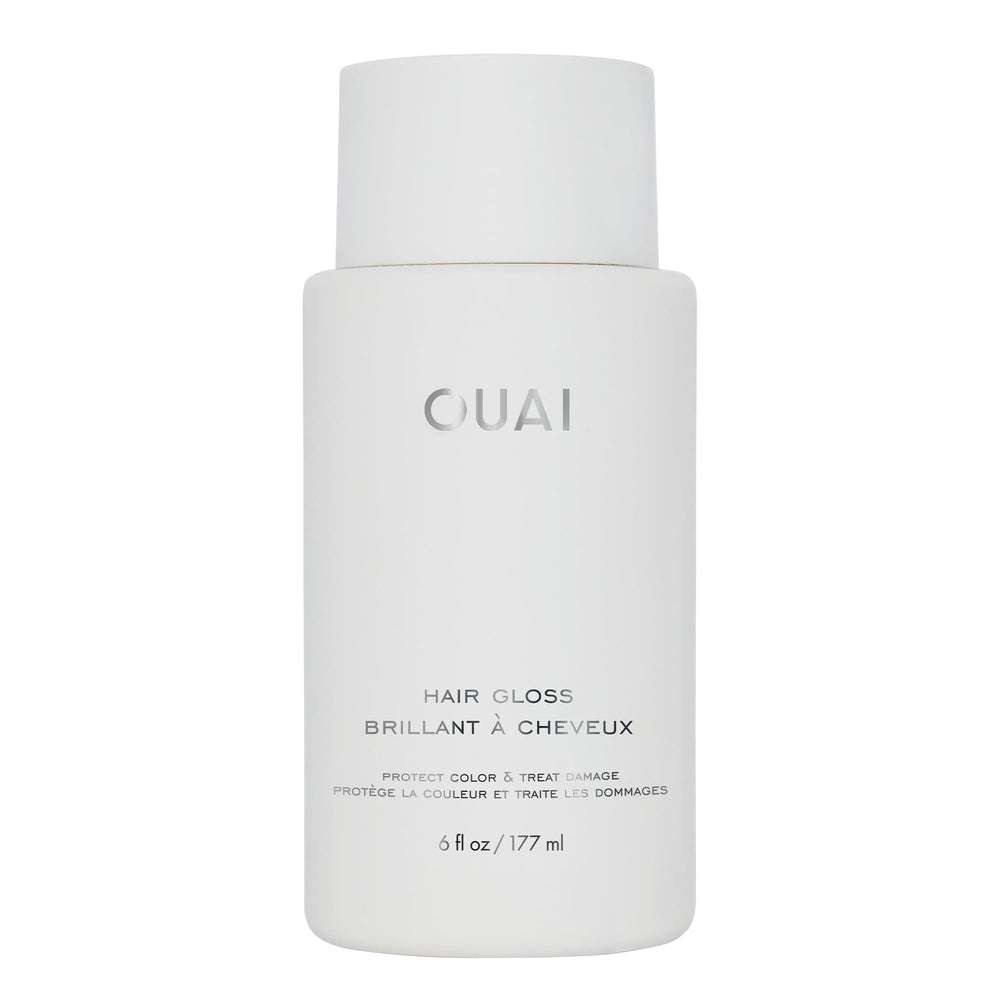 OUAI Hair Gloss bottle in shower showing shine enhancement for glossy hair