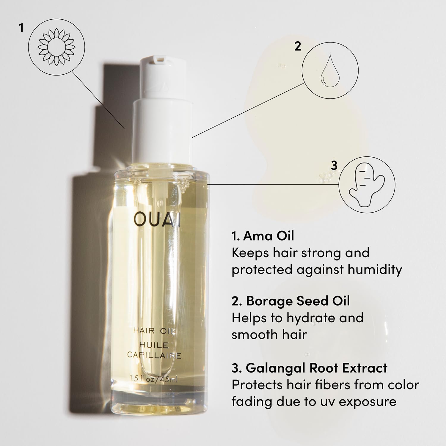 Close-up of silky, frizz-free hair with OUAI Hair Oil
