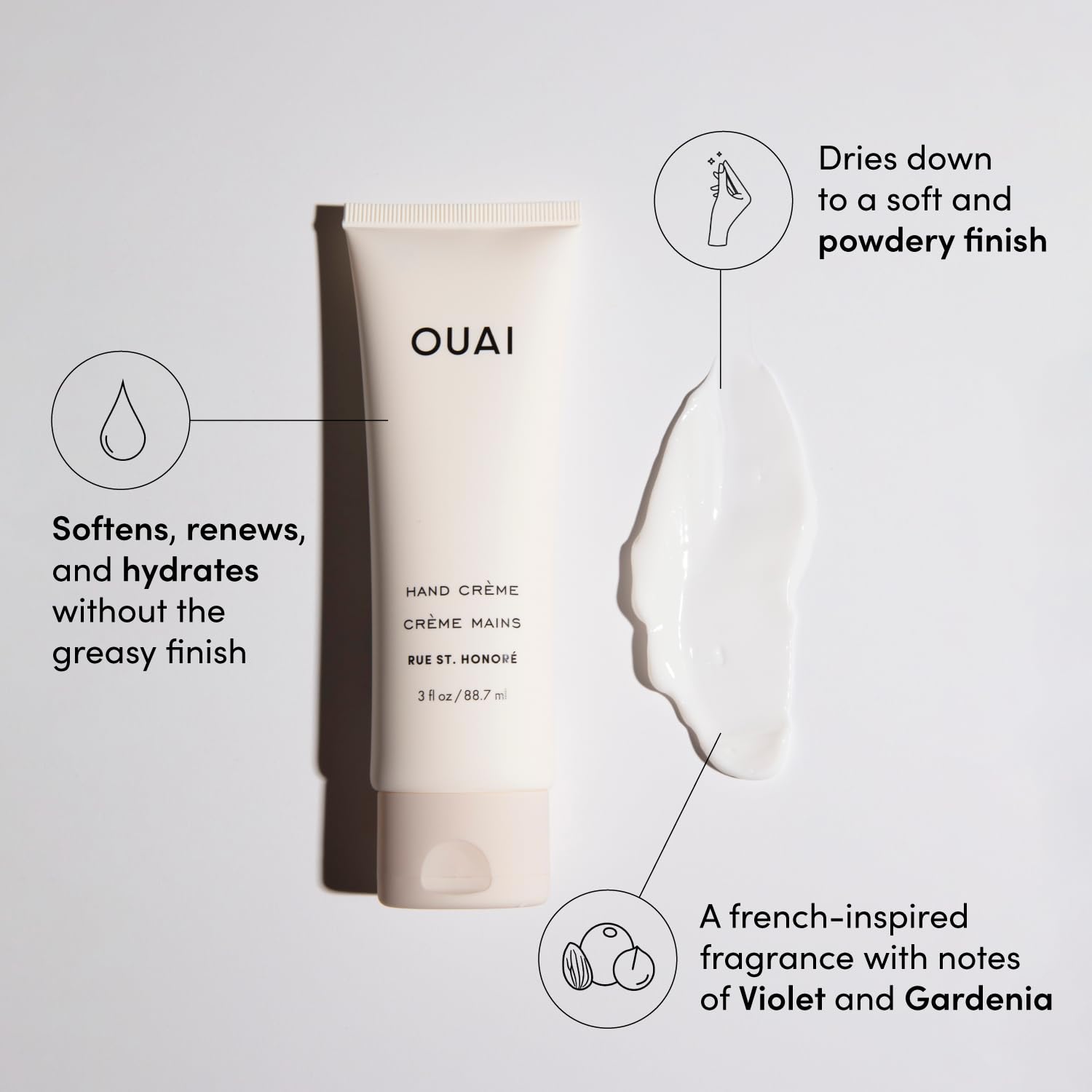 OUAI Hand Cream ingredients featuring shea butter, murumuru butter, and coconut oil for moisture.