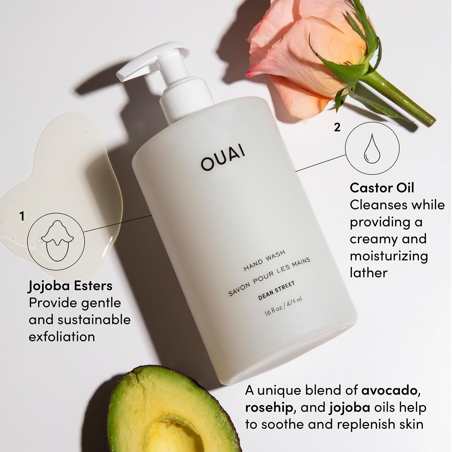 OUAI Hand Wash avocado oil blend nourishes skin during cleansing.