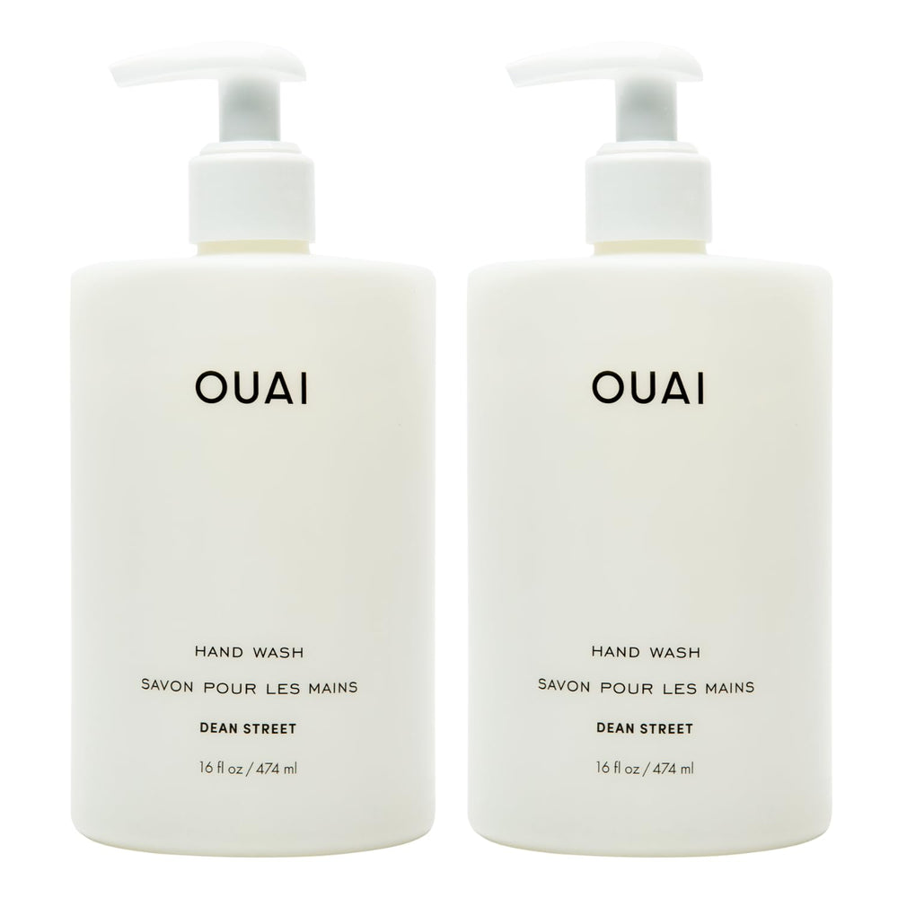 OUAI Hand Wash Dean Street bottle pump showing exfoliating formula for daily cleansing