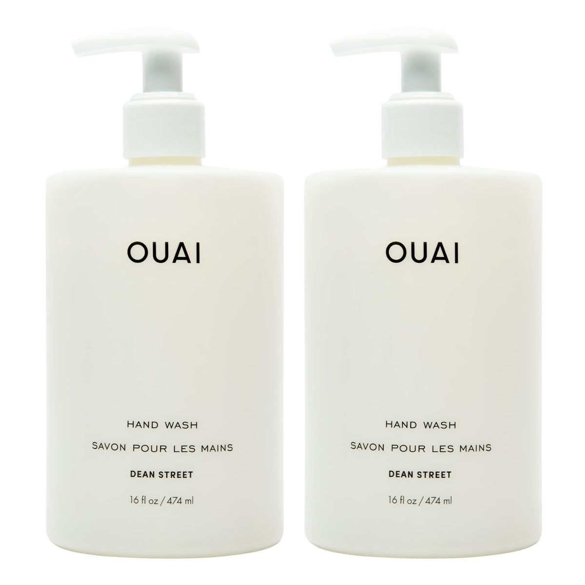 OUAI Hand Wash Dean Street bottle pump showing exfoliating formula for daily cleansing
