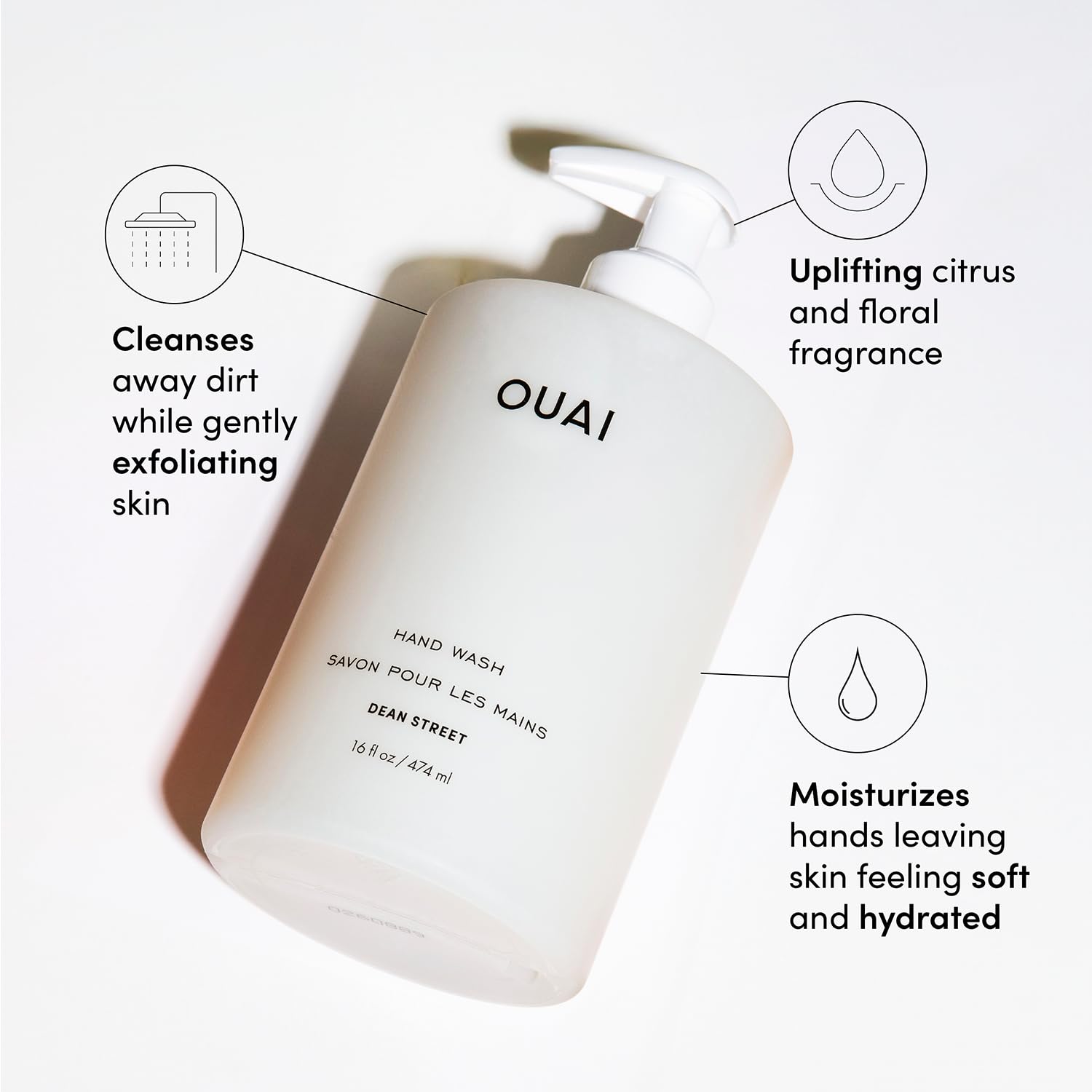 OUAI Hand Wash with jojoba esters provides gentle exfoliation and cleansing.