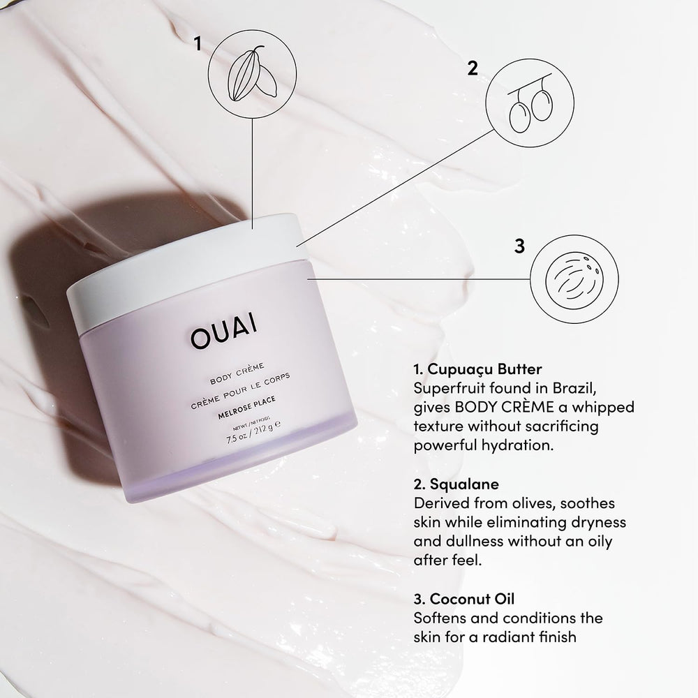 OUAI Melrose Place body cream with coconut oil softening the skin.
