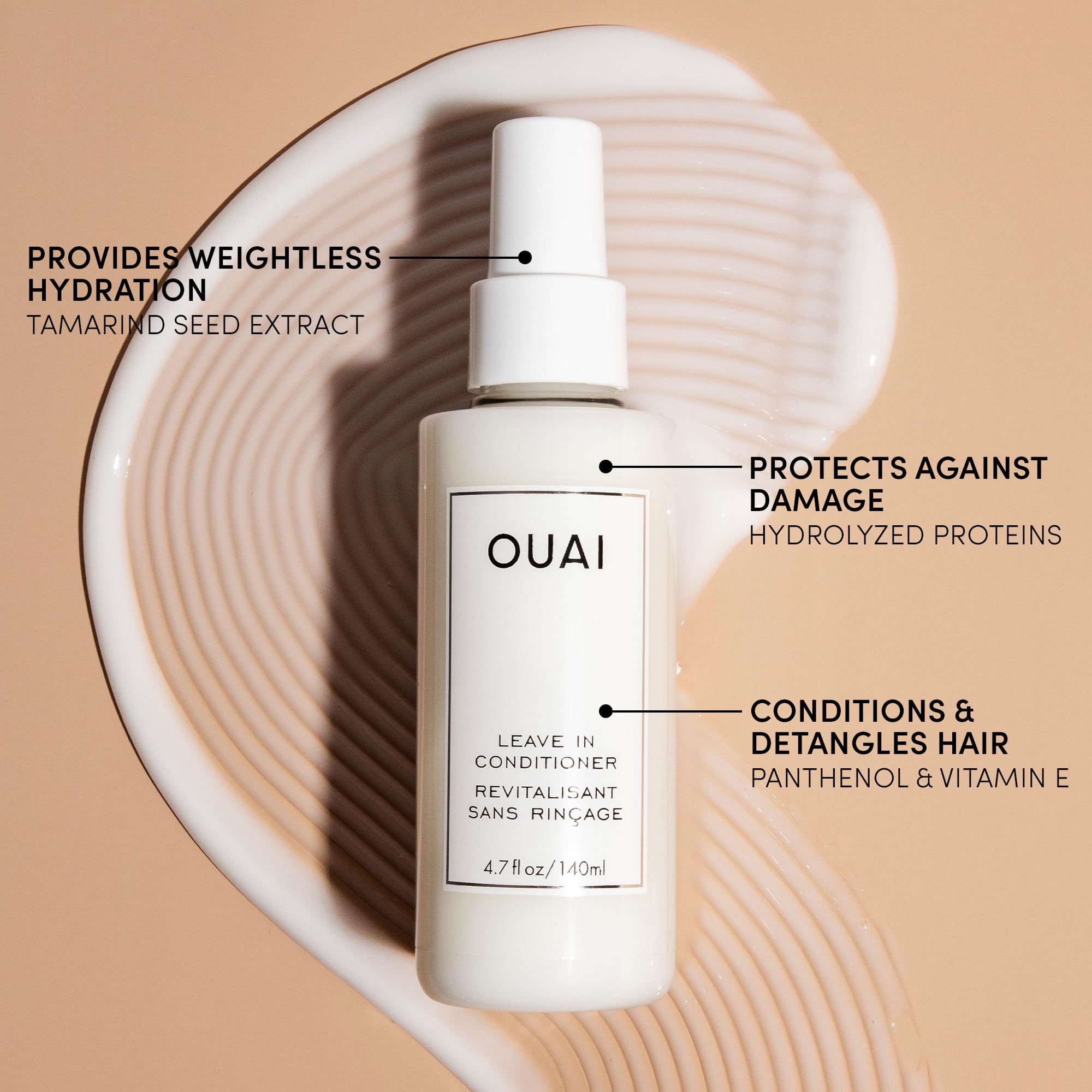 OUAI moisture-rich hydration bottle conveys supple, soft hair with reduced frizz.