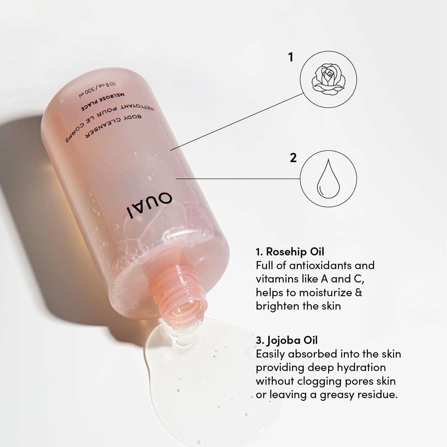 OUAI Rosehip oil infusion nourishes skin during cleansing and supports gentle moisture.