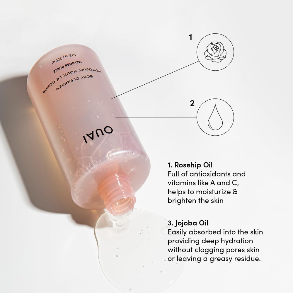 OUAI Rosehip oil infusion nourishes skin during cleansing and supports gentle moisture.
