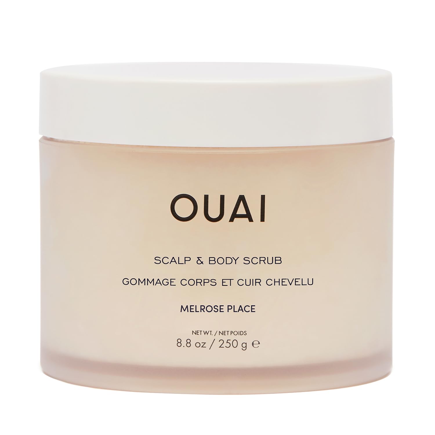 OUAI Scalp & Body Scrub Melrose Place bottle provides balanced exfoliation and scent.