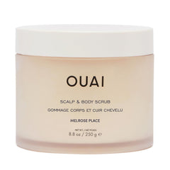 OUAI Scalp & Body Scrub Melrose Place bottle provides balanced exfoliation and scent.