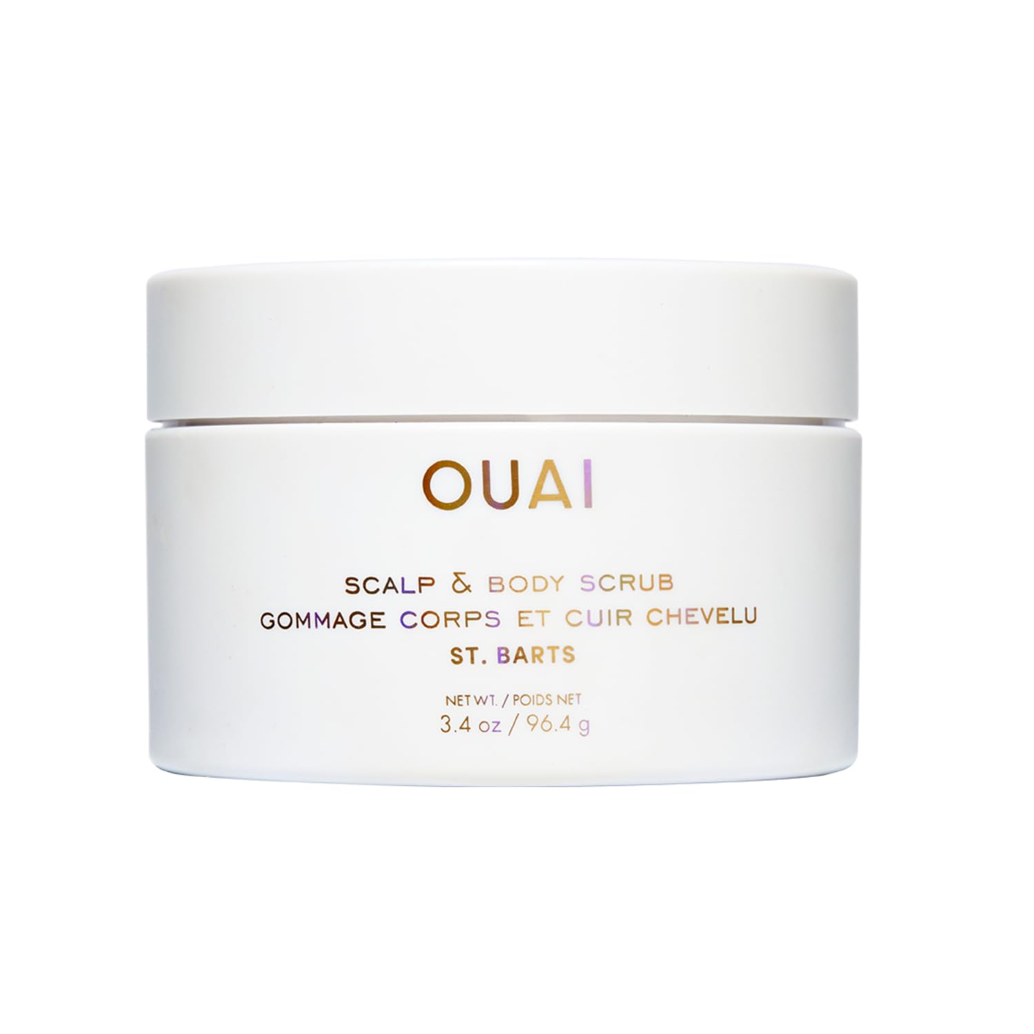 OUAI scalp and body scrub travel size bottle for on-the-go exfoliation.