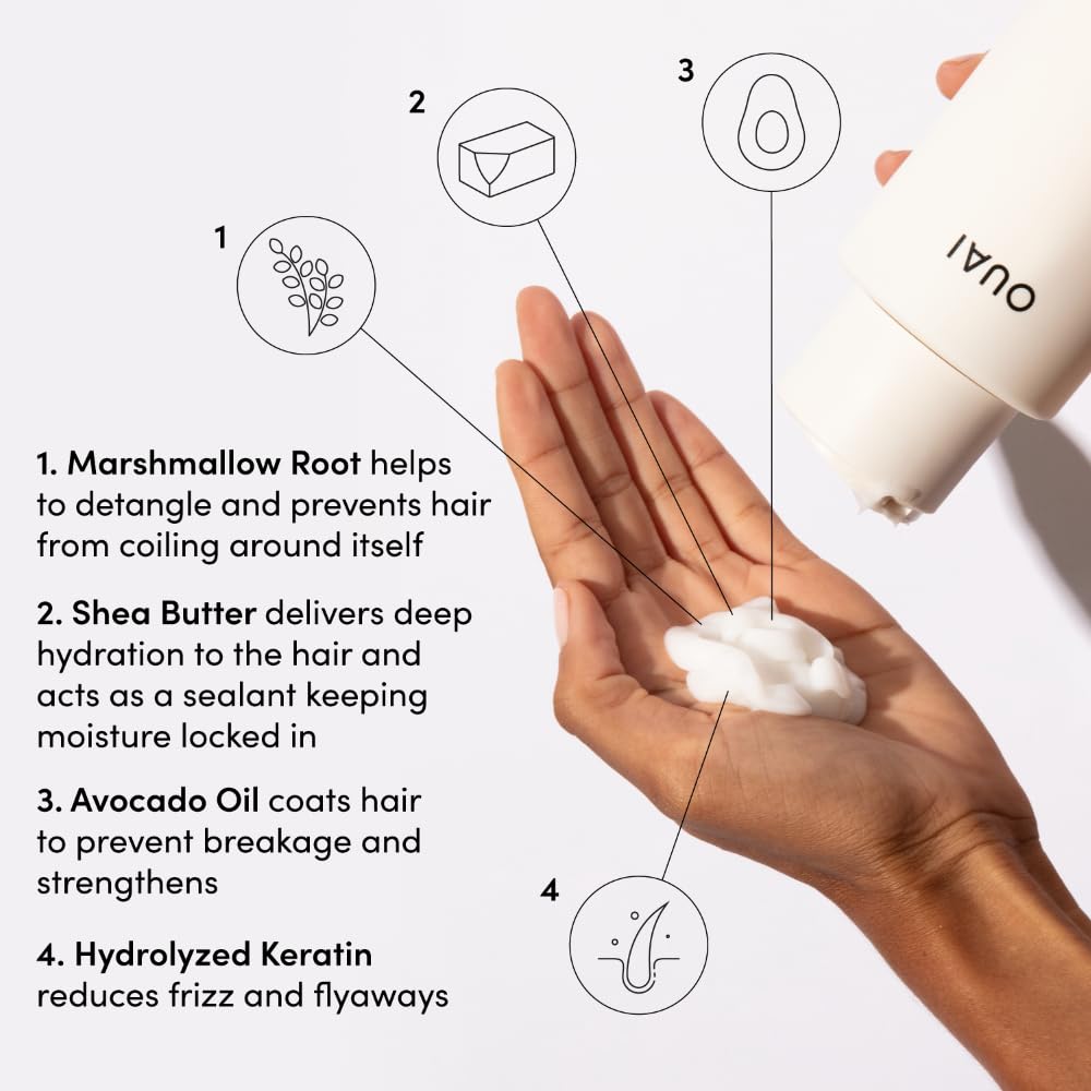 OUAI Shea Butter application on hair emphasizing deep moisture