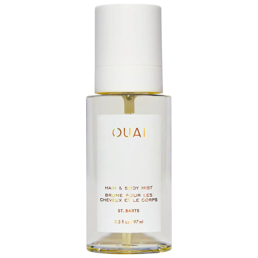 OUAI St. Barts hair and body mist bottle close-up, tropical freshness for hair and skin.