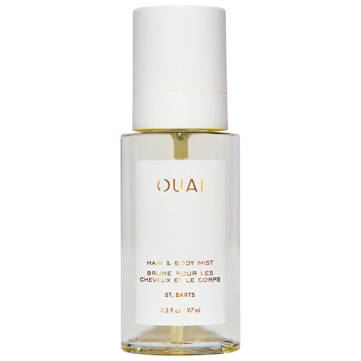OUAI St. Barts hair and body mist bottle close-up, tropical freshness for hair and skin.