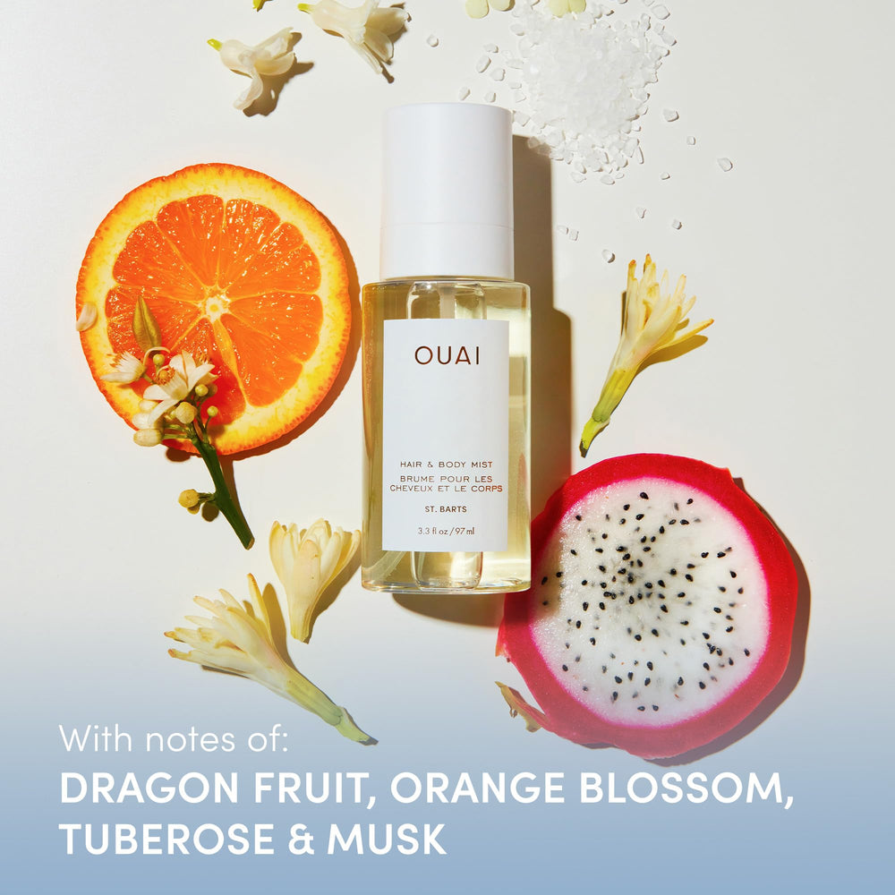 OUAI St. Barts spray notes dragonfruit and orange blossom for a tropical vibe.