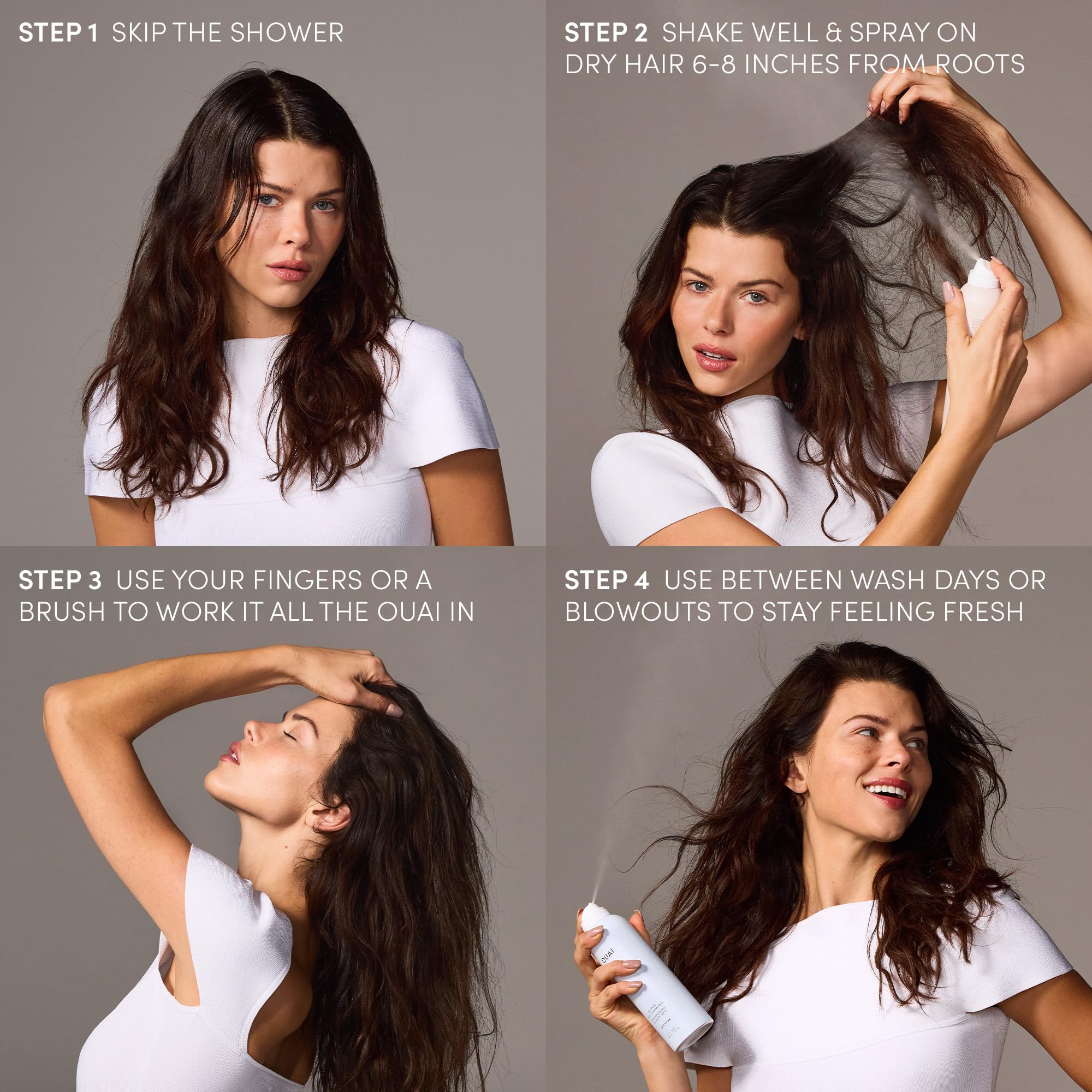 OUAI Super Dry Shampoo bottle on table ready to revitalize hair.