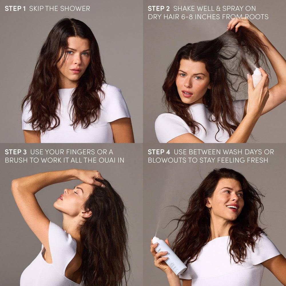 OUAI Super Dry Shampoo bottle on table ready to revitalize hair.