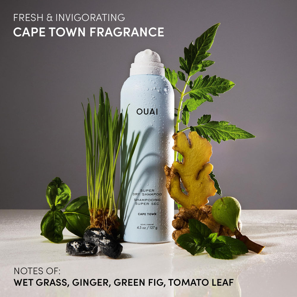 OUAI Super Dry Shampoo packaging on shelf highlights Cape Town fragrance.