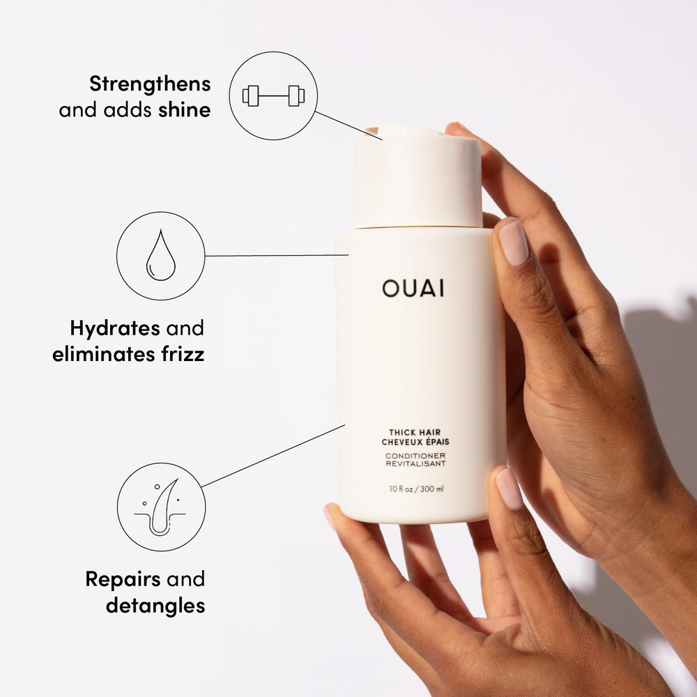 OUAI Thick Hair Conditioner bottle pour: detangles and seals ends to reduce breakage.